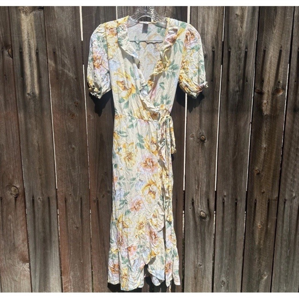Old Navy Wrap Dress Yellow Floral Midi Size Xl Ruffle Trim Sundress Flowy